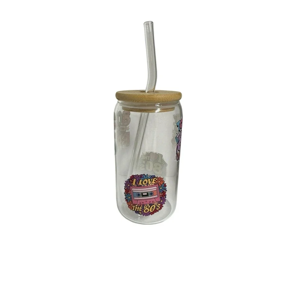 NEW custom GLASS TUMBLER bamboo lid GLASS STRAW handmade 80s retro vintage